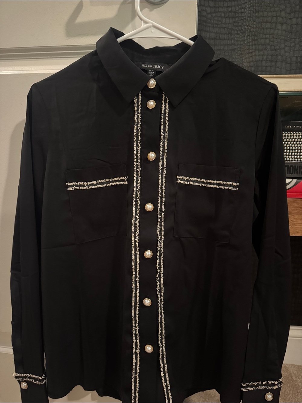 Ellen Tracy Black Blouse with Pearl Buttons and White Trim